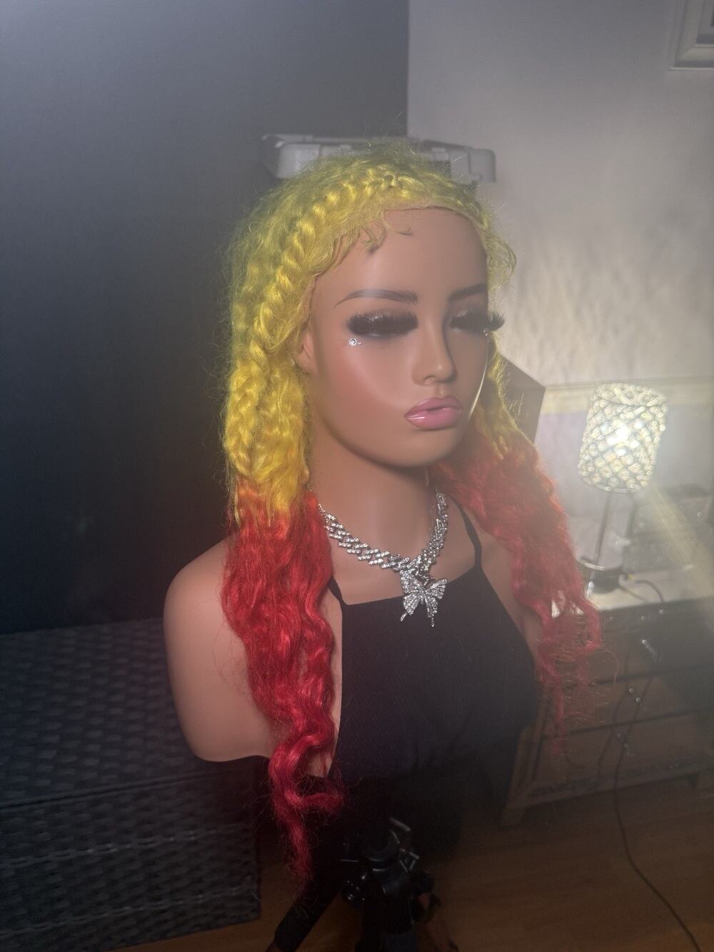 13x6 Lace Front Human Hair Wig Yellow & Red Ombre Braided Wavy Wig